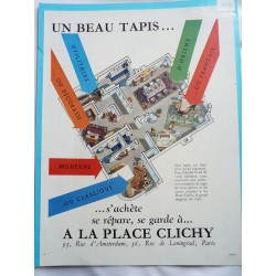 Ancienne publicité originale couleur pour les tapis de la Place de Clichy 1948