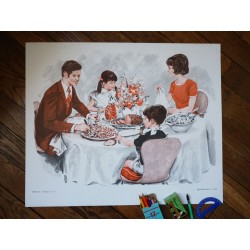 Ancienne affiche scolaire : Repas en famille - Soirée devant la télé
