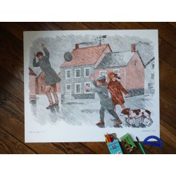 Ancienne affiche scolaire : Sous la pluie - La chasse