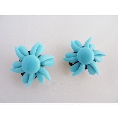 Boucles d'oreilles clips fleurs en verre bleu