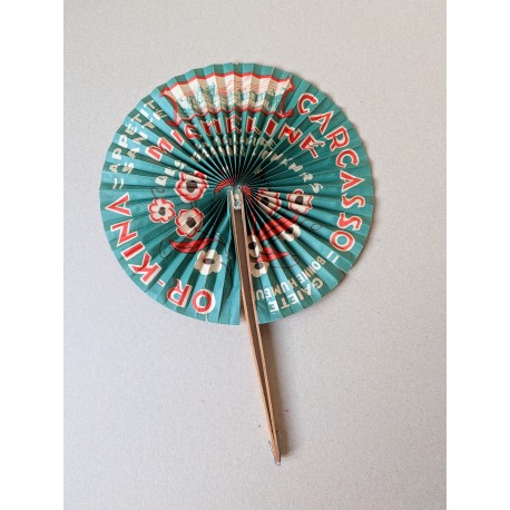 Eventail publicitaire liqueur Or Kina Carcasso Micheline