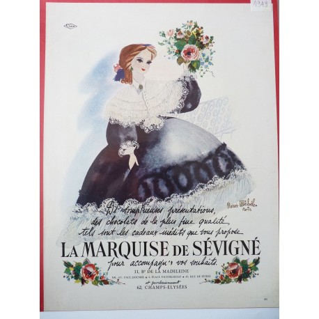 Ancienne publicité originale couleur pour les chocolats la Marquise de Sévigné de Renée Michèle 1949