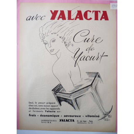 Ancienne publicité originale bichromie pour les yahourts Yalacta de Eliane Drappier 1954
