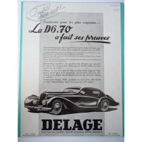 Ancienne publicité originale noir & blanc pour la D6.70 de Delage de Renluc 1937