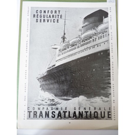 Ancienne publicité originale noir & blanc Compagnie Générale Transatlantique 1952
