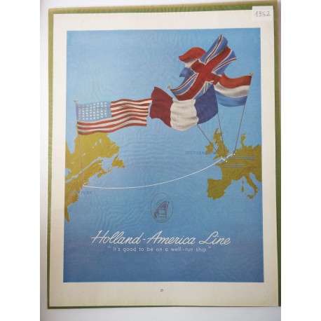 Ancienne publicité originale couleur Holland America Lines 1952