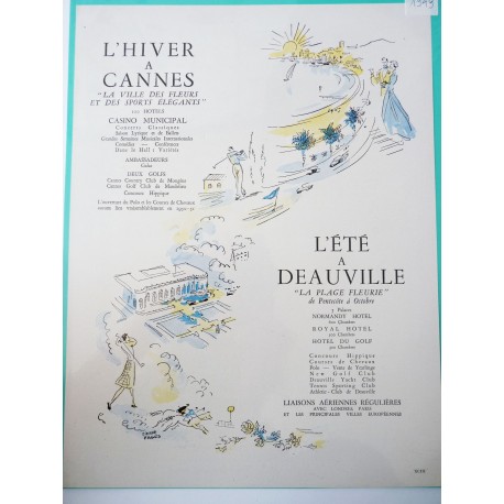 Ancienne publicité originale en bichromie Cannes & Deauville de Pierre Pagès 1949