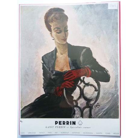 Ancienne publicité originale couleur pour les gants Perrin de Pierre Simon 1949