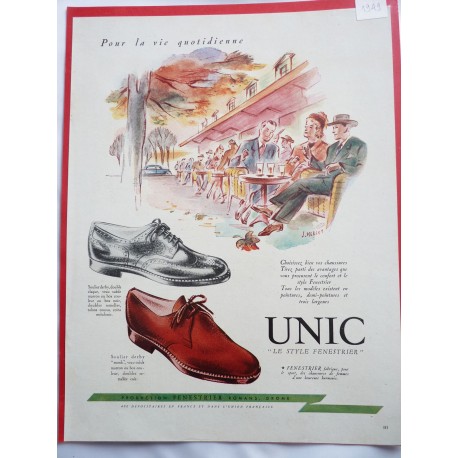 Ancienne publicité originale couleur pour les chaussures Unic de Jean Mercey 1949