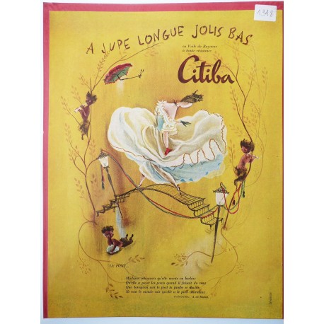 Ancienne publicité originale couleur pour les bas Citiba de Françoise Estachy 1948