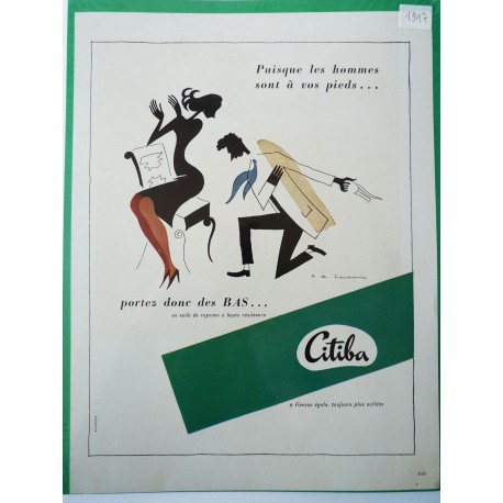 Ancienne publicité originale couleur pour les bas Citiba de R de Lavererie 1947