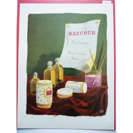 Ancienne publicité originale couleur pour les parfums Raucour  Illustration de Pierre Pagès 1946